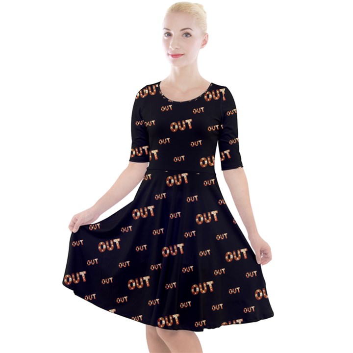 Out Word Motif Print Pattern Quarter Sleeve A-Line Dress