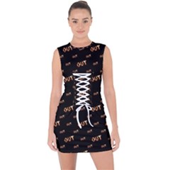 Out Word Motif Print Pattern Lace Up Front Bodycon Dress