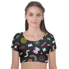 Memphis Design Seamless Pattern Velvet Short Sleeve Crop Top  by BangZart