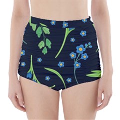 Abstract Wildflowers Dark Blue Background-blue Flowers Blossoms Flat Retro Seamless Pattern Daisy High-waisted Bikini Bottoms by BangZart