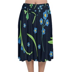 Abstract Wildflowers Dark Blue Background-blue Flowers Blossoms Flat Retro Seamless Pattern Daisy Velvet Flared Midi Skirt