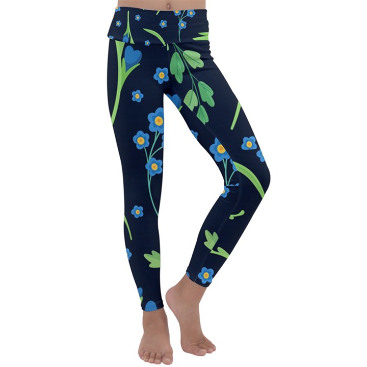 Abstract wildflowers dark blue background-blue flowers blossoms flat retro seamless pattern daisy Kids  Lightweight Velour Classic Yoga Leggings