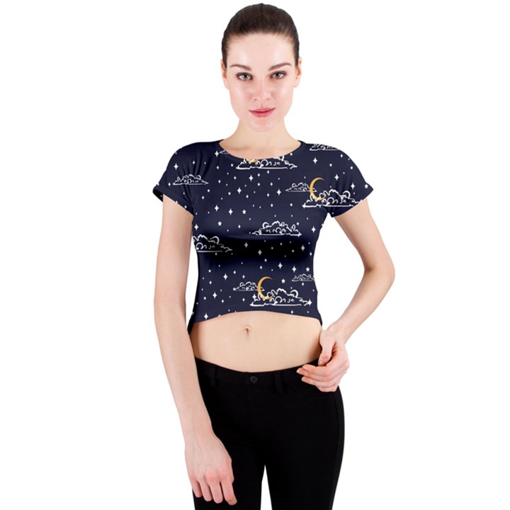 Hand drawn scratch style night sky with moon cloud space among stars seamless pattern vector design  Crew Neck Crop Top