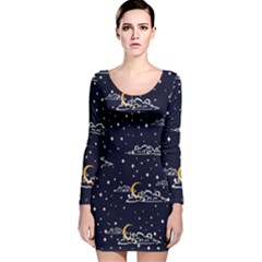 Hand Drawn Scratch Style Night Sky With Moon Cloud Space Among Stars Seamless Pattern Vector Design  Long Sleeve Velvet Bodycon Dress by BangZart