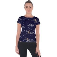 Hand Drawn Scratch Style Night Sky With Moon Cloud Space Among Stars Seamless Pattern Vector Design  Short Sleeve Sports Top  by BangZart