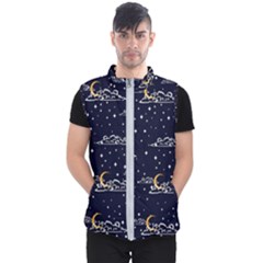 Hand Drawn Scratch Style Night Sky With Moon Cloud Space Among Stars Seamless Pattern Vector Design  Men s Puffer Vest by BangZart