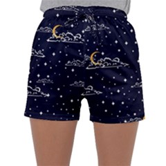 Hand Drawn Scratch Style Night Sky With Moon Cloud Space Among Stars Seamless Pattern Vector Design  Sleepwear Shorts by BangZart