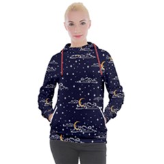 Hand Drawn Scratch Style Night Sky With Moon Cloud Space Among Stars Seamless Pattern Vector Design  Women s Hooded Pullover by BangZart