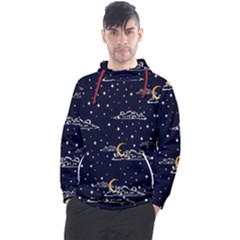 Hand Drawn Scratch Style Night Sky With Moon Cloud Space Among Stars Seamless Pattern Vector Design  Men s Pullover Hoodie by BangZart