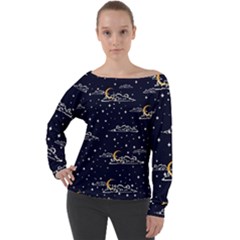 Hand Drawn Scratch Style Night Sky With Moon Cloud Space Among Stars Seamless Pattern Vector Design  Off Shoulder Long Sleeve Velour Top by BangZart