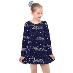 Hand Drawn Scratch Style Night Sky With Moon Cloud Space Among Stars Seamless Pattern Vector Design  Kids  Long Sleeve Dress by BangZart