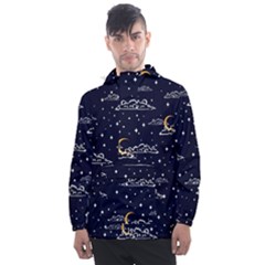 Hand Drawn Scratch Style Night Sky With Moon Cloud Space Among Stars Seamless Pattern Vector Design  Men s Front Pocket Pullover Windbreaker by BangZart