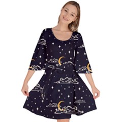 Hand Drawn Scratch Style Night Sky With Moon Cloud Space Among Stars Seamless Pattern Vector Design  Velour Kimono Dress by BangZart