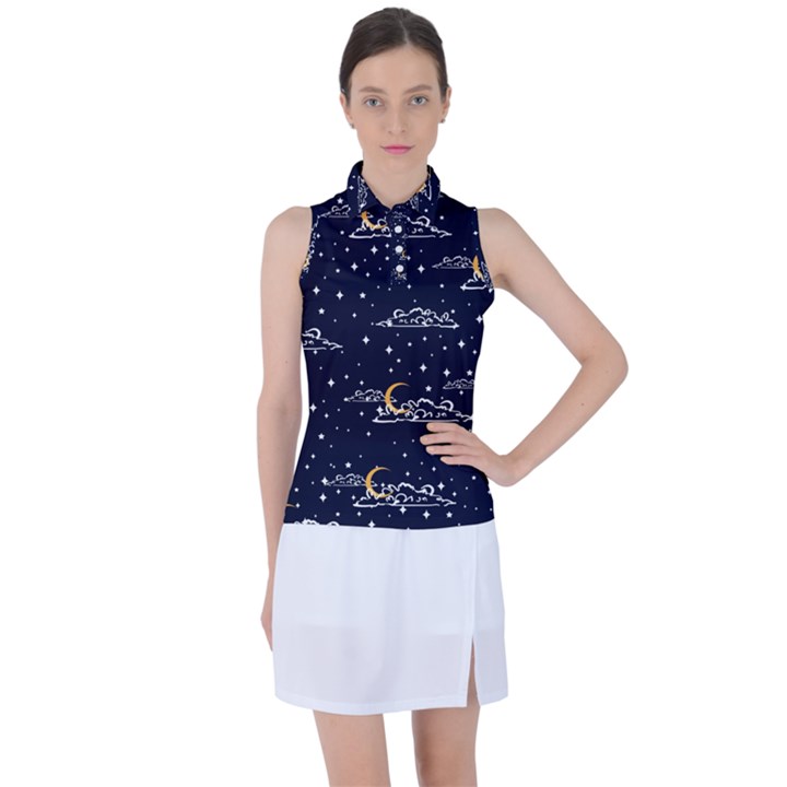 Hand drawn scratch style night sky with moon cloud space among stars seamless pattern vector design  Women s Sleeveless Polo Tee