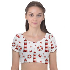 Nautical Seamless Pattern Velvet Short Sleeve Crop Top  by BangZart