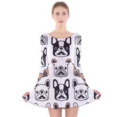 Dog French Bulldog Seamless Pattern Face Head Long Sleeve Velvet Skater Dress by BangZart