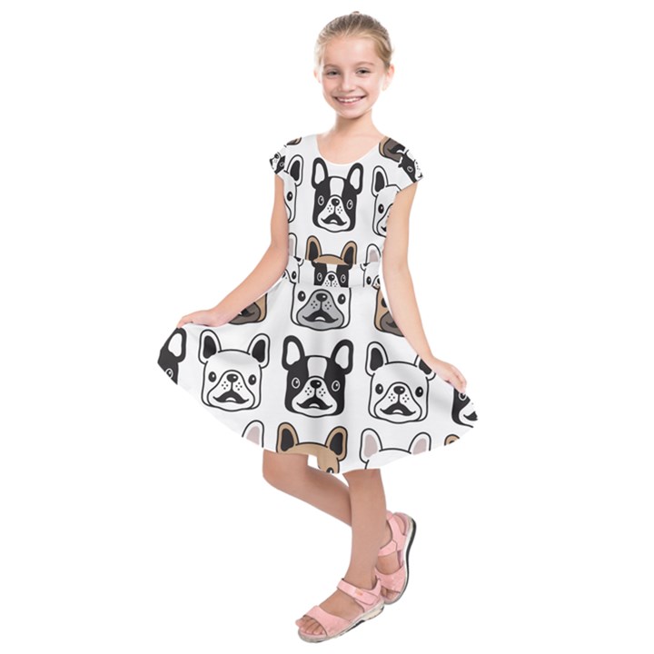 Dog french bulldog seamless pattern face head Kids  Short Sleeve Dress