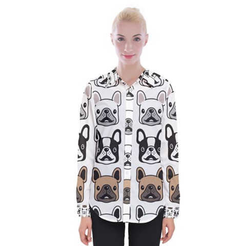 Dog French Bulldog Seamless Pattern Face Head Womens Long Sleeve Shirt by BangZart