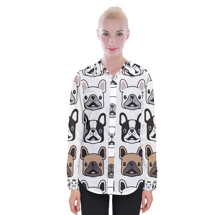 Dog french bulldog seamless pattern face head Womens Long Sleeve Shirt