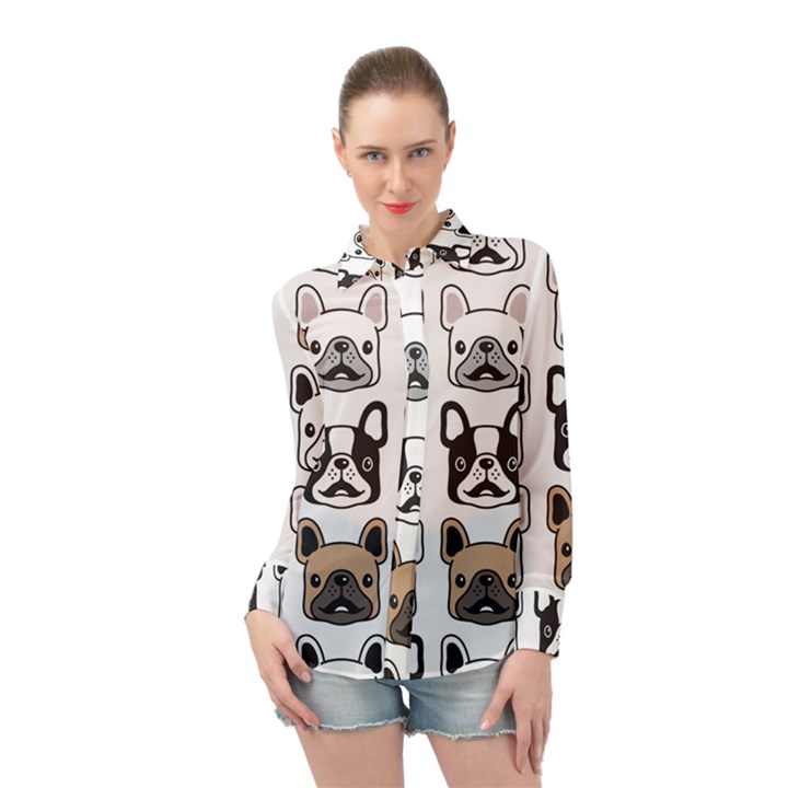 Dog french bulldog seamless pattern face head Long Sleeve Chiffon Shirt