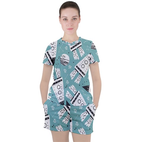 Cute Seamless Pattern With Rocket Planets Stars Women s Tee And Shorts Set by BangZart