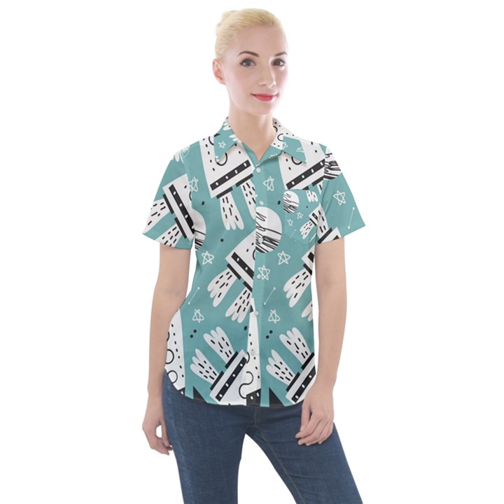 Cute seamless pattern with rocket planets stars Women s Short Sleeve Pocket Shirt