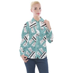 Cute Seamless Pattern With Rocket Planets Stars Women s Long Sleeve Pocket Shirt