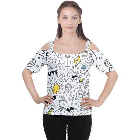 Set Cute Colorful Doodle Hand Drawing Cutout Shoulder Tee by BangZart