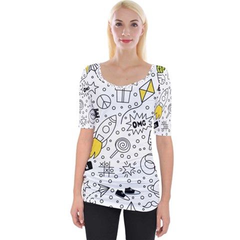 Set Cute Colorful Doodle Hand Drawing Wide Neckline Tee by BangZart