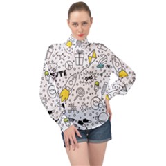 Set Cute Colorful Doodle Hand Drawing High Neck Long Sleeve Chiffon Top by BangZart