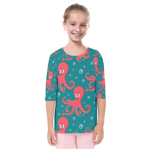 Cute Smiling Red Octopus Swimming Underwater Kids  Quarter Sleeve Raglan Tee by BangZart