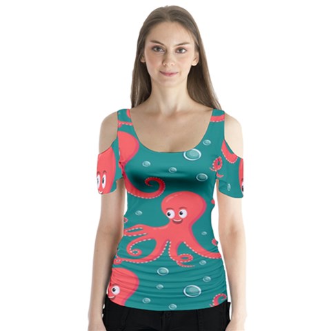 Cute Smiling Red Octopus Swimming Underwater Butterfly Sleeve Cutout Tee  by BangZart