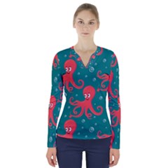 Cute Smiling Red Octopus Swimming Underwater V-neck Long Sleeve Top by BangZart