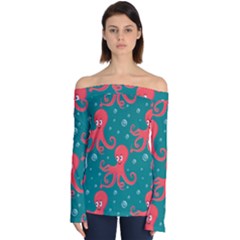 Cute Smiling Red Octopus Swimming Underwater Off Shoulder Long Sleeve Top by BangZart