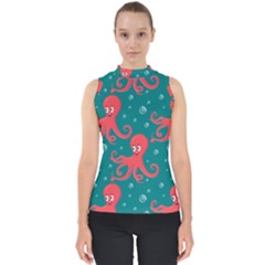 Cute Smiling Red Octopus Swimming Underwater Mock Neck Shell Top by BangZart