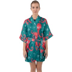 Cute Smiling Red Octopus Swimming Underwater Half Sleeve Satin Kimono 