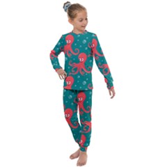 Cute Smiling Red Octopus Swimming Underwater Kids  Long Sleeve Set  by BangZart