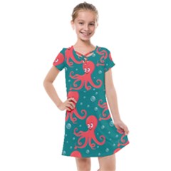 Cute Smiling Red Octopus Swimming Underwater Kids  Cross Web Dress by BangZart