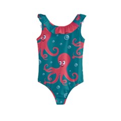 Cute Smiling Red Octopus Swimming Underwater Kids  Frill Swimsuit by BangZart