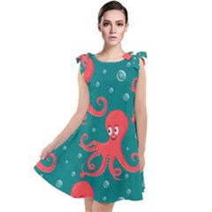 Cute Smiling Red Octopus Swimming Underwater Tie Up Tunic Dress by BangZart