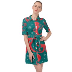 Cute Smiling Red Octopus Swimming Underwater Belted Shirt Dress by BangZart