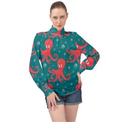 Cute Smiling Red Octopus Swimming Underwater High Neck Long Sleeve Chiffon Top by BangZart