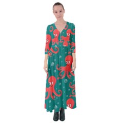 Cute Smiling Red Octopus Swimming Underwater Button Up Maxi Dress by BangZart