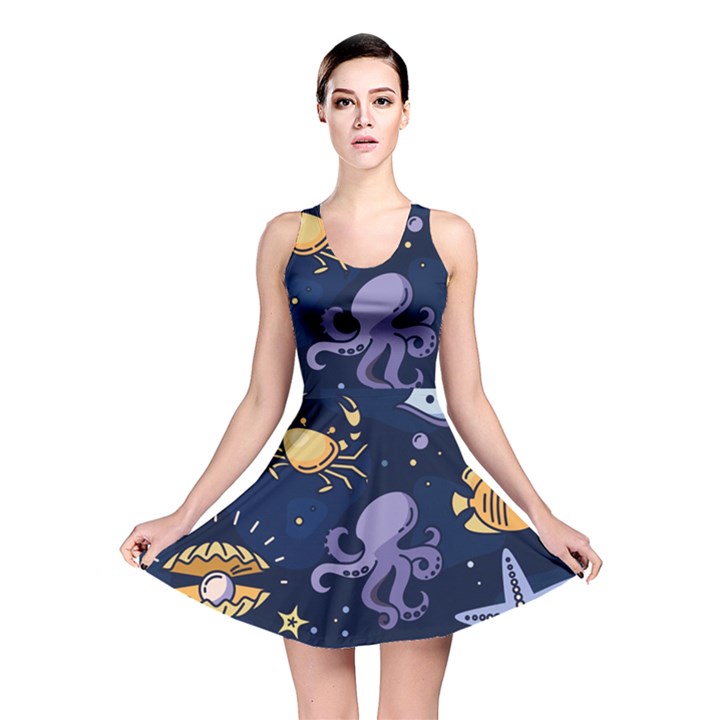 Marine seamless pattern thin line memphis style Reversible Skater Dress