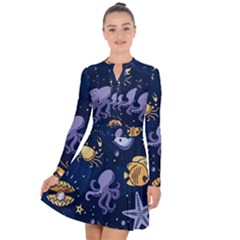 Marine Seamless Pattern Thin Line Memphis Style Long Sleeve Panel Dress by BangZart