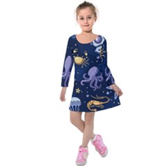 Marine Seamless Pattern Thin Line Memphis Style Kids  Long Sleeve Velvet Dress