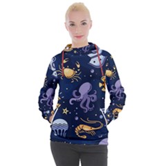 Marine Seamless Pattern Thin Line Memphis Style Women s Hooded Pullover