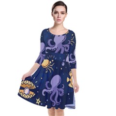 Marine Seamless Pattern Thin Line Memphis Style Quarter Sleeve Waist Band Dress by BangZart