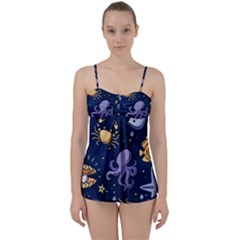 Marine Seamless Pattern Thin Line Memphis Style Babydoll Tankini Set by BangZart