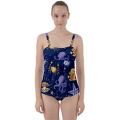 Marine Seamless Pattern Thin Line Memphis Style Twist Front Tankini Set by BangZart